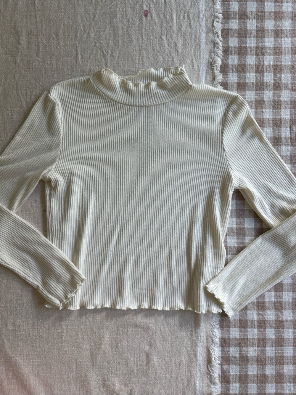 Ribbed Mock Ruffle Long Sleeve Top - Cream